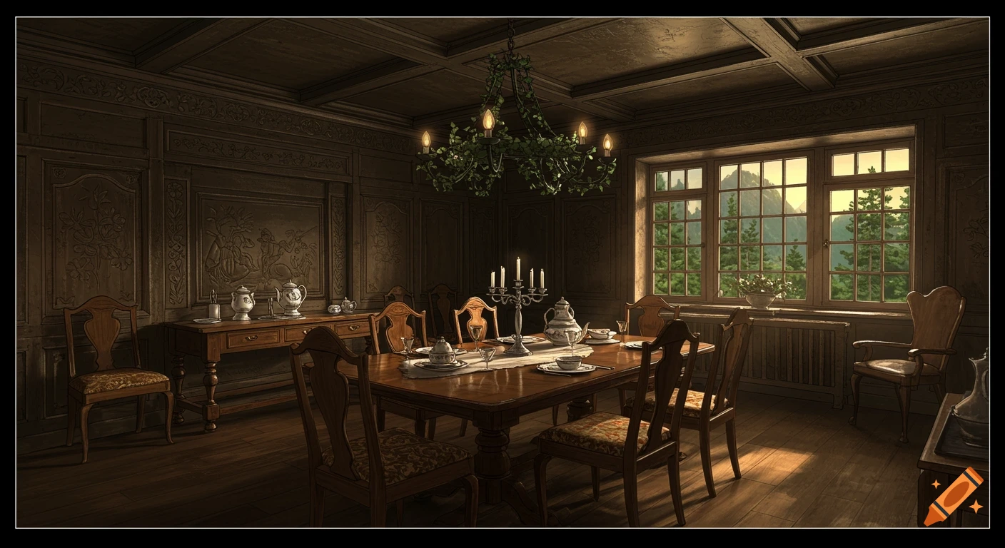 A grand, early 1900s German dining room with dark wood paneling, a set table, and a large window overlooking a mountain forest.