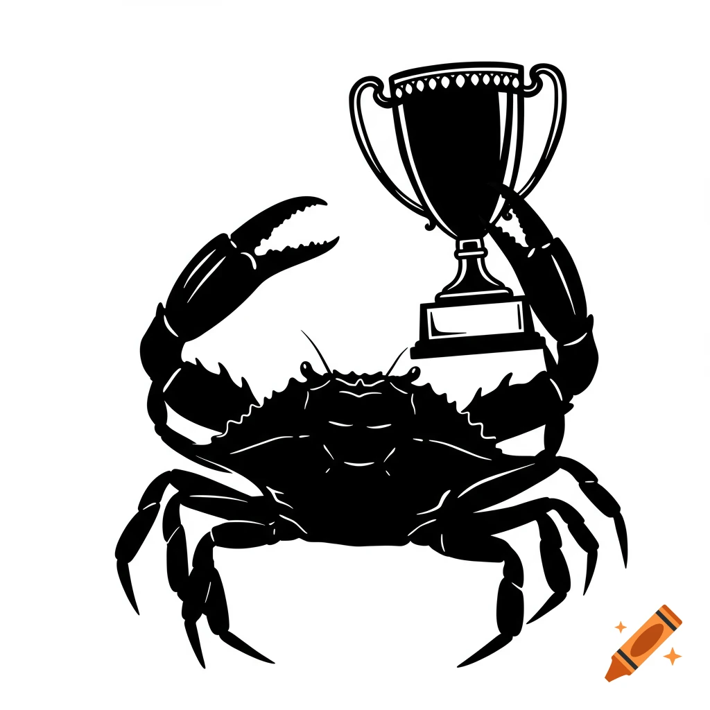 A black and white silhouette of a crab holding a trophy.