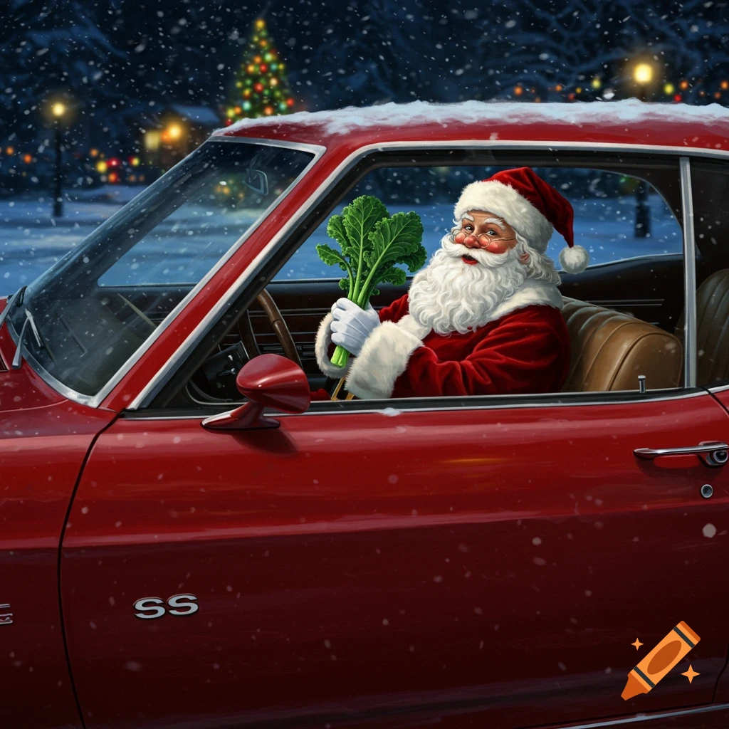 Santa Claus holds a bunch of kale while driving a red classic car in a snowy, festive night scene.