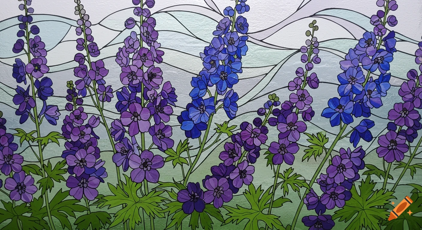 Art nouveau style stained glass window with purple and blue delphinium flowers.