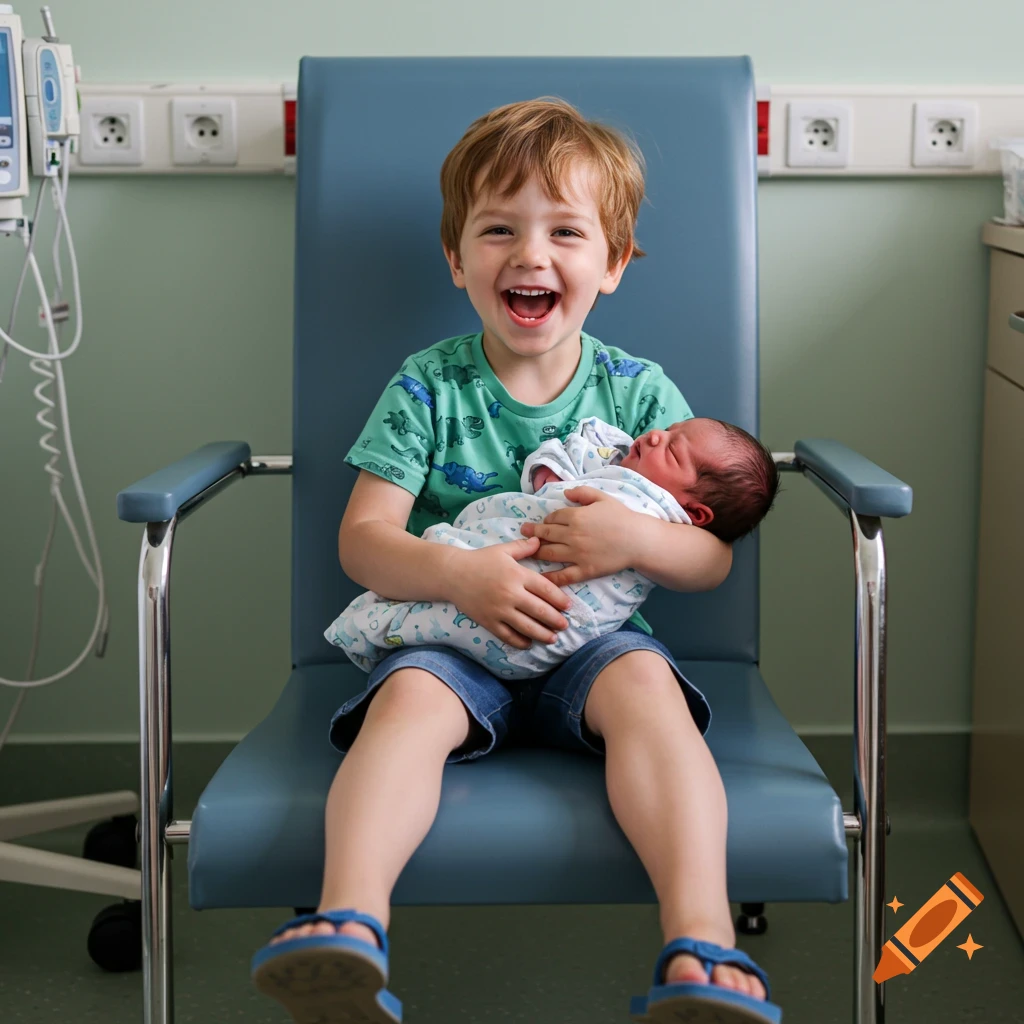 A happy young boy with ginger hair sits in a hospital chair, widely smiling while holding his newborn baby brother.