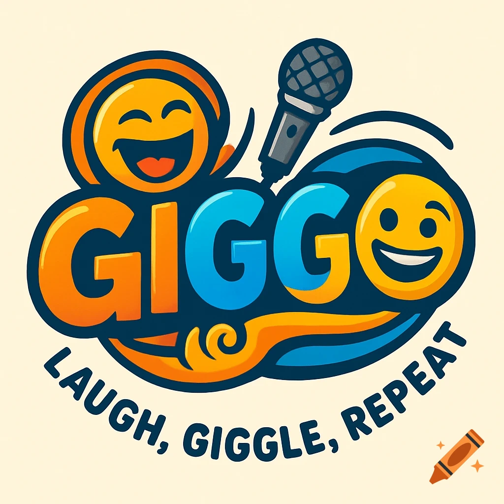 A colorful logo for "GIGGO" featuring a microphone, two laughing emojis, and the slogan "LAUGH, GIGGLE, REPEAT" on a light background.