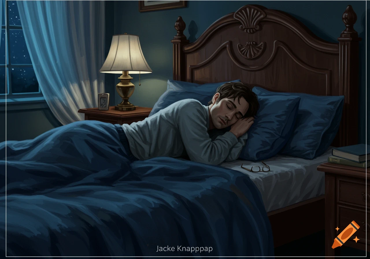 A man sleeps peacefully in a cozy, dark bedroom at night, illuminated by a bedside lamp and moonlight.