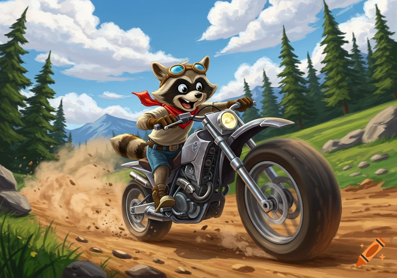 A happy cartoon raccoon in aviator goggles and a red bandana rides a dirt bike on a dusty path through a forest, with mountains in the background.