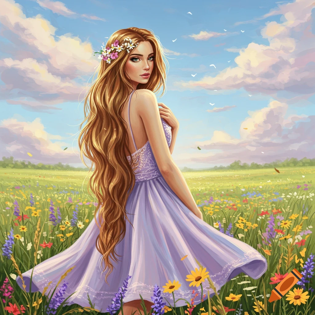 Artistic portrait of a woman with long red hair and flowers in her hair, standing in a field of colorful wildflowers.