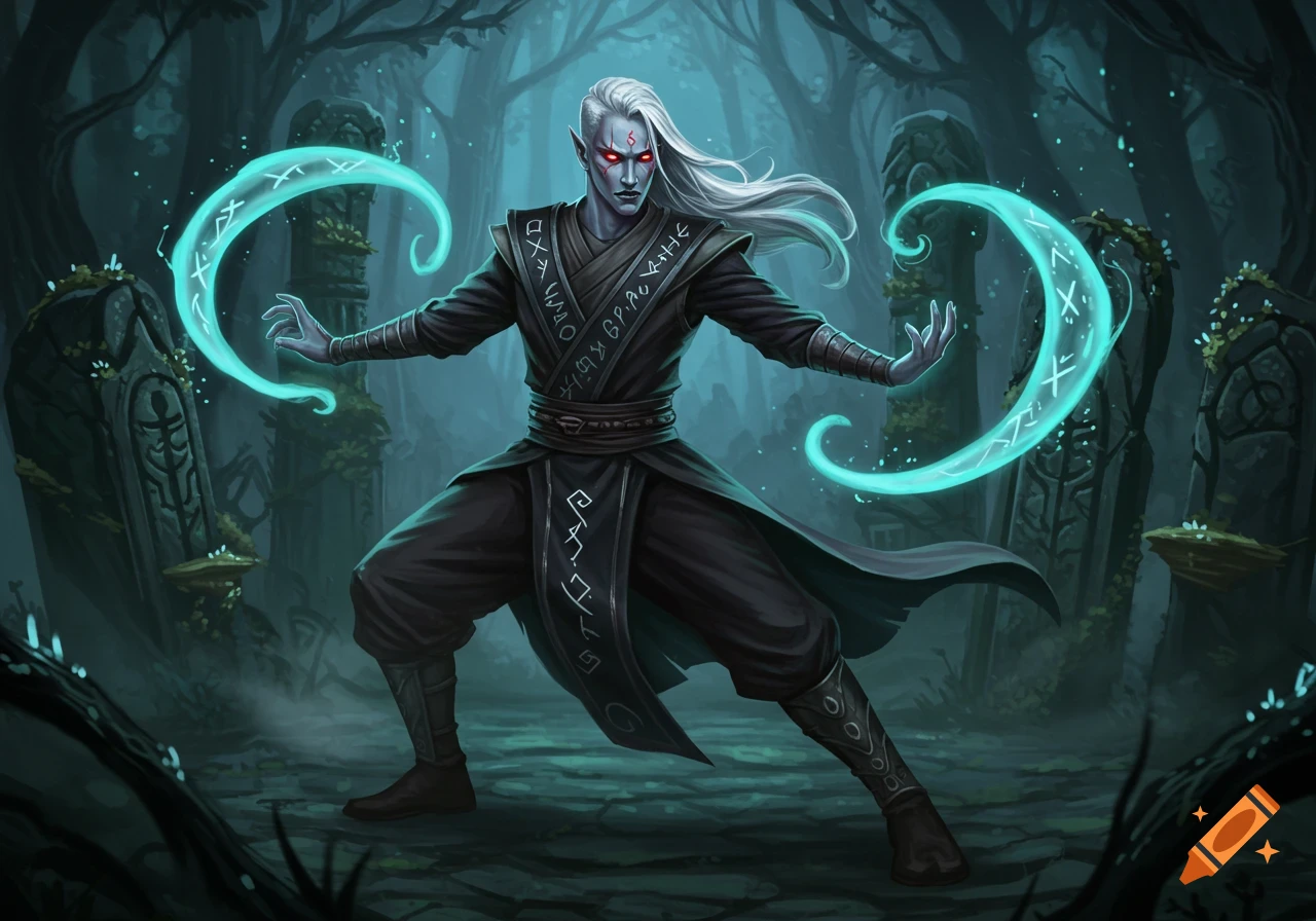 A Shadar-Kai monk with long white hair, red eyes, and dark skin, wearing a black gi with ancient runes, casts glowing turquoise magic in a dark, mystical forest with ancient stone structures.