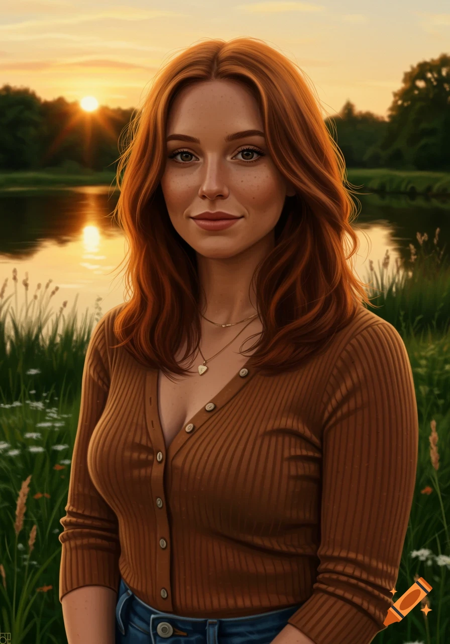 Photorealistic portrait of a red-haired woman with freckles, standing by a lake at sunset.