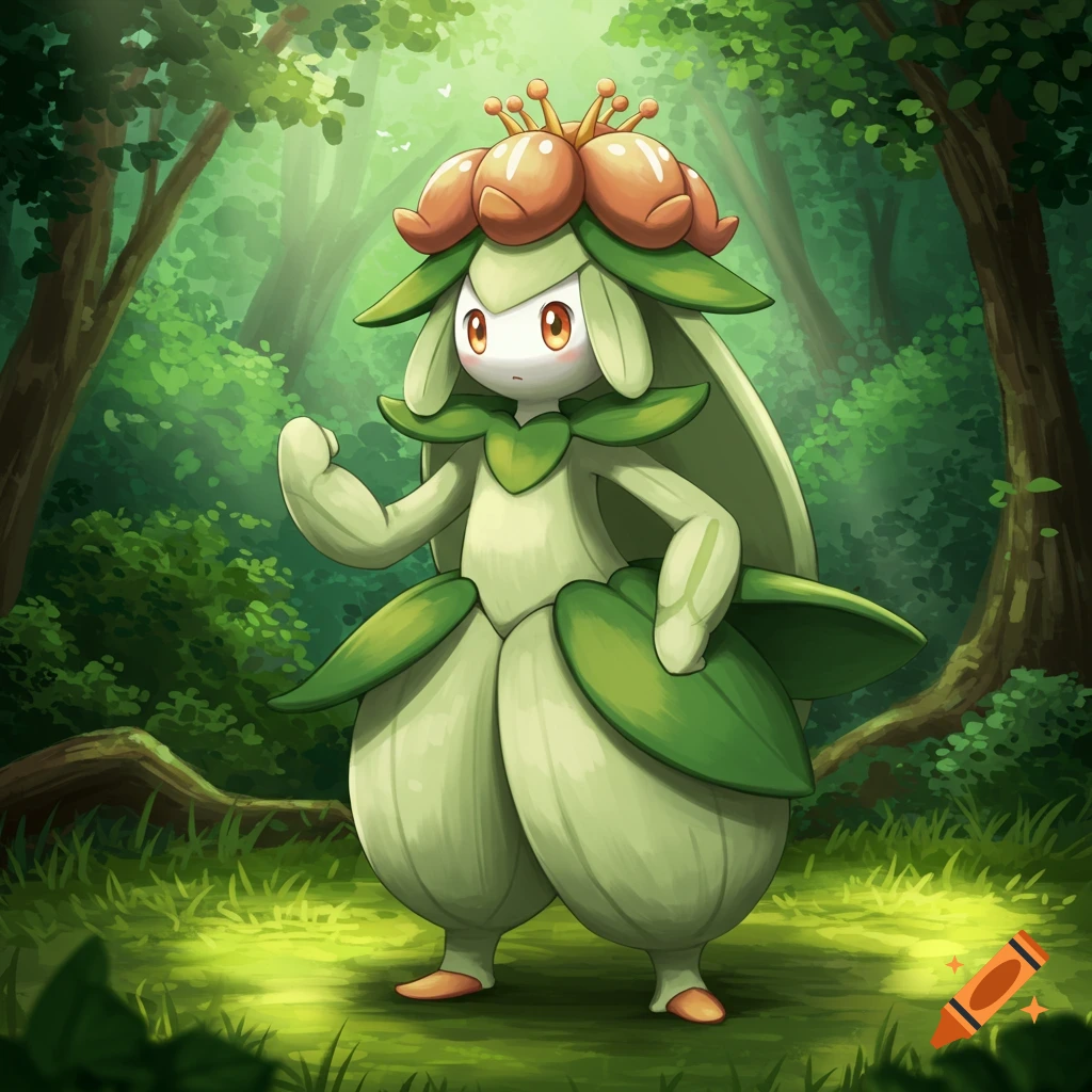 A plant-like Pokémon with a flower head and leafy skirt stands in a sunlit forest clearing, in concept art style.