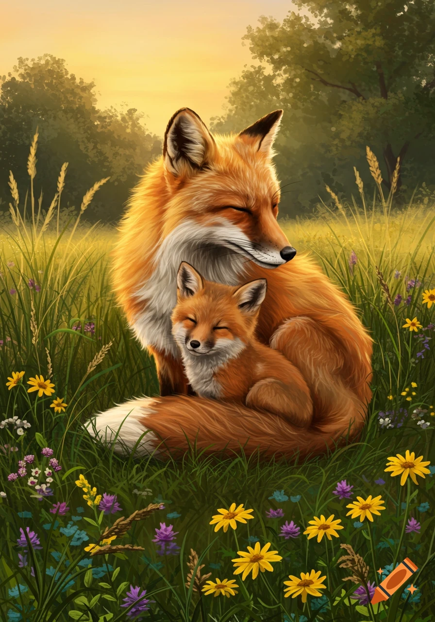 An illustrated image of a mother fox and her cub snuggling in a field of colorful wildflowers at sunset.