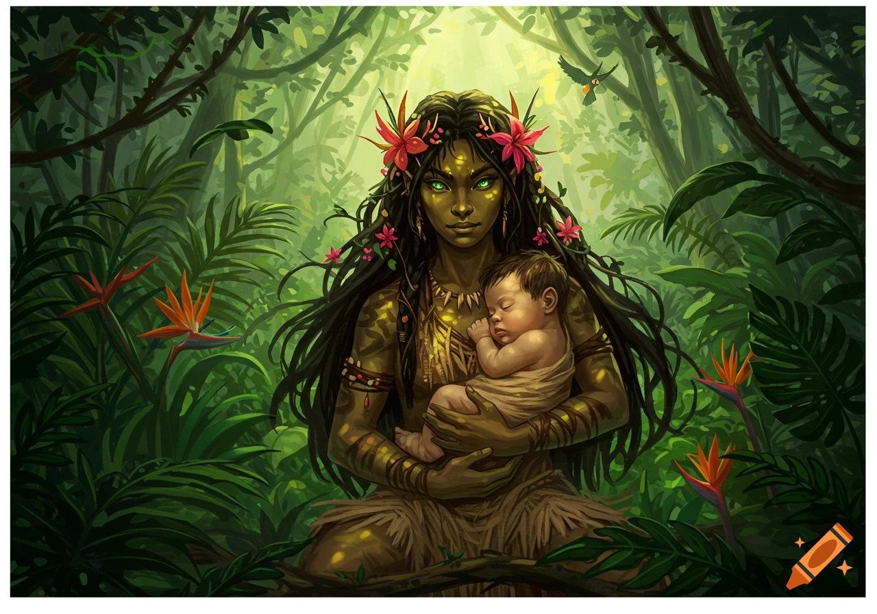 A fantasy illustration of a dark-skinned woman with glowing green eyes and flowers in her hair, holding a sleeping baby in a lush jungle.