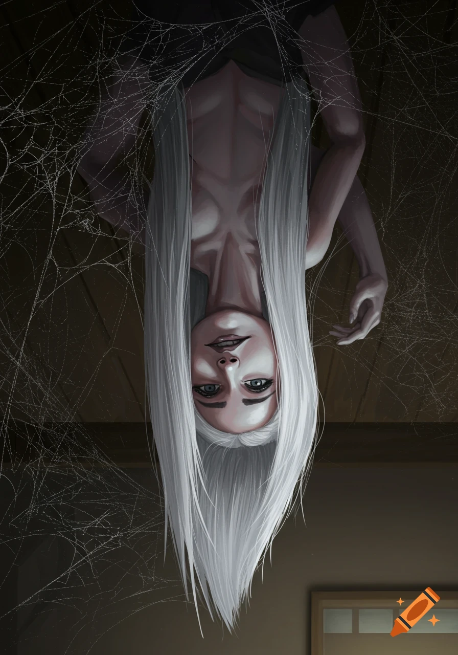 An inverted illustration of a pale woman with long white hair and a sardonic smile, hanging from a dark ceiling covered in intricate spider webs.