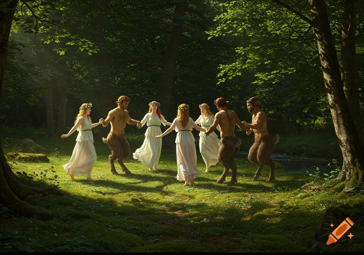 Six mythological nymphs and satyrs in a circle dance in a sun-dappled forest clearing.