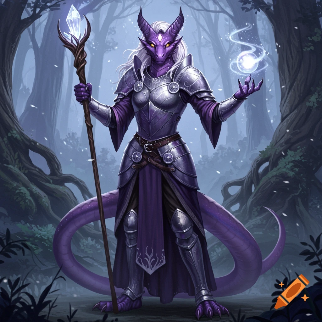 Purple humanoid dragon in silver armor and purple robes, holding a crystal staff and casting magic in a forest.