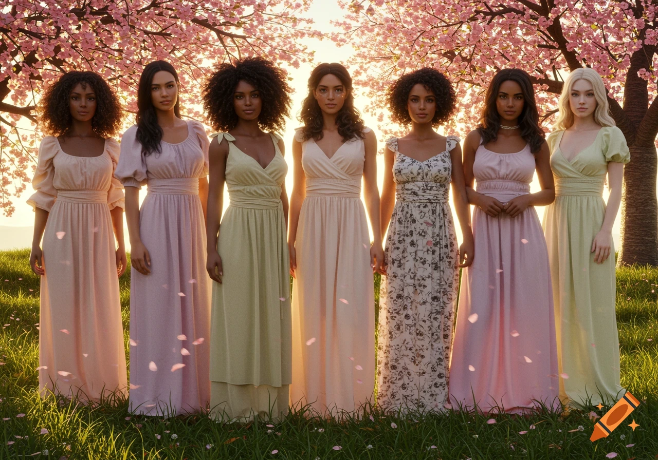 Seven diverse women in long pastel dresses stand in a grassy field beneath pink cherry blossom trees at sunset, photorealistic style.