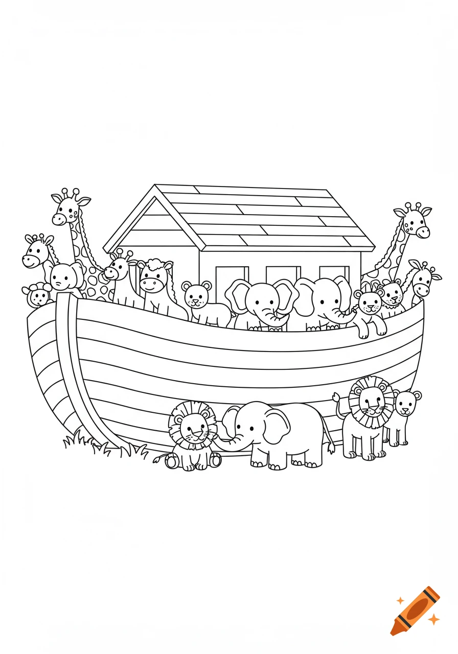 Black and white line art of Noah's Ark with pairs of cute, cartoonish animals, in a kids coloring book style.