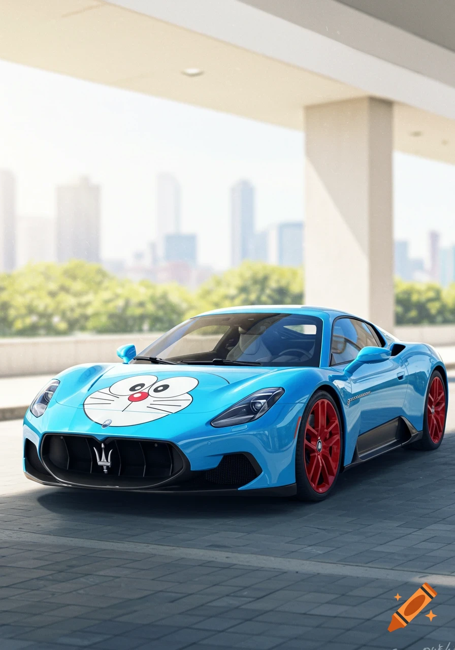 A light blue Maserati MC20 car with Doraemon's face on the hood, featuring red wheels, parked outdoors with a city skyline in the background.