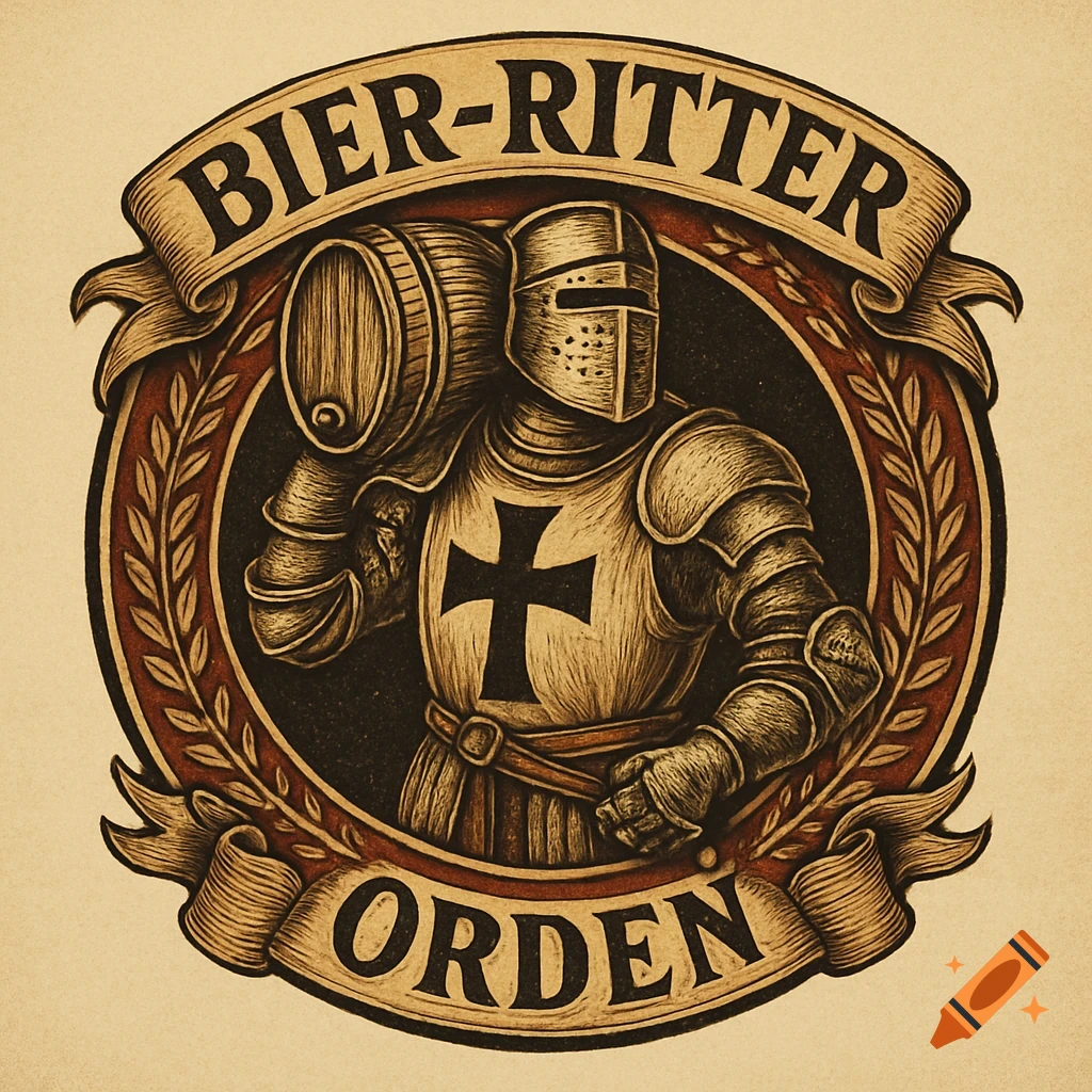 Vintage-style logo featuring a knight in armor carrying a beer barrel, surrounded by a laurel wreath and banners with the text "BIER-RITTER ORDEN".