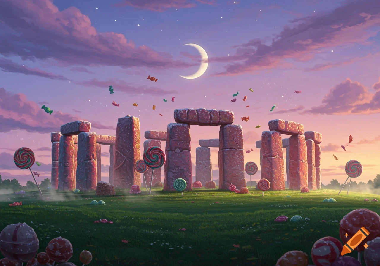 Whimsical landscape with Stonehenge-like candy structures, giant lollipops, and scattered sweets under a colorful sunset and crescent moon.