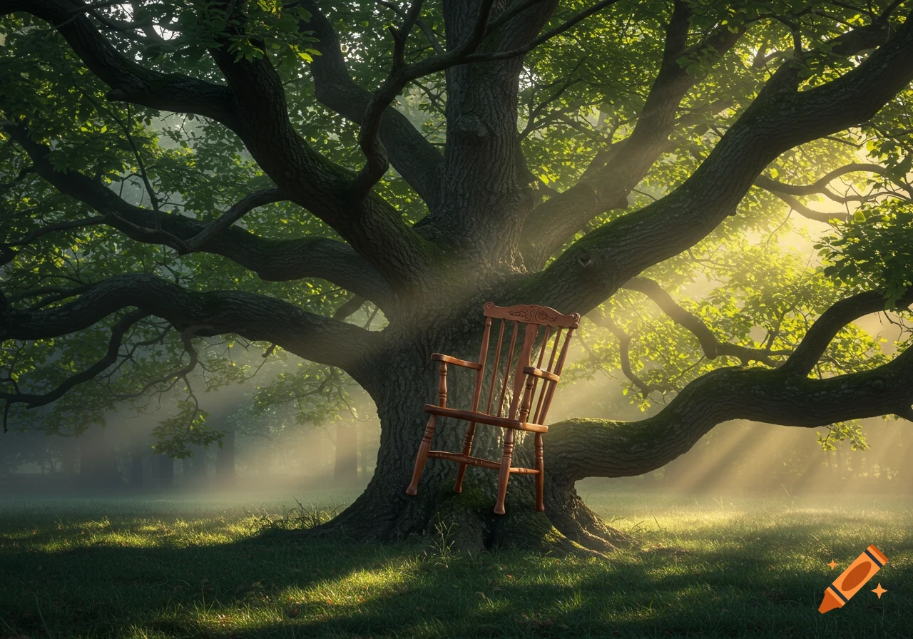 A wooden chair appears to grow out of the massive trunk of a majestic tree in a misty, sun-dappled forest, photorealistic style.