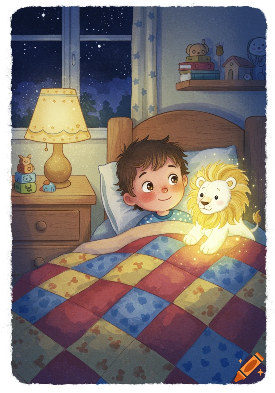 A young boy in bed smiles at a glowing plush lion beside him, in a cozy bedroom lit by a lamp with a starry night sky outside the window, rendered in a whimsical watercolor style.