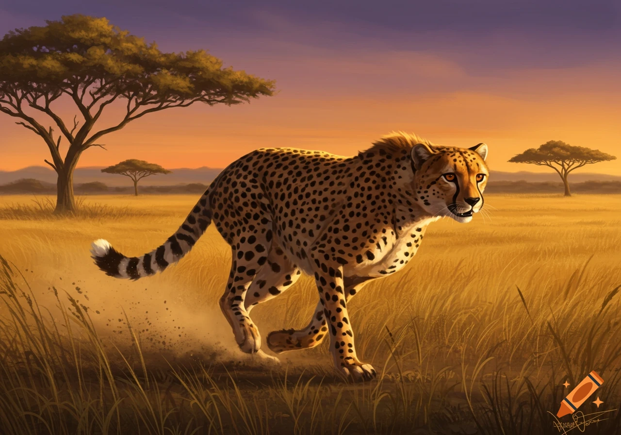 A majestic cheetah runs through a golden savanna landscape under a vibrant sunset sky, depicted in an illustrative style.