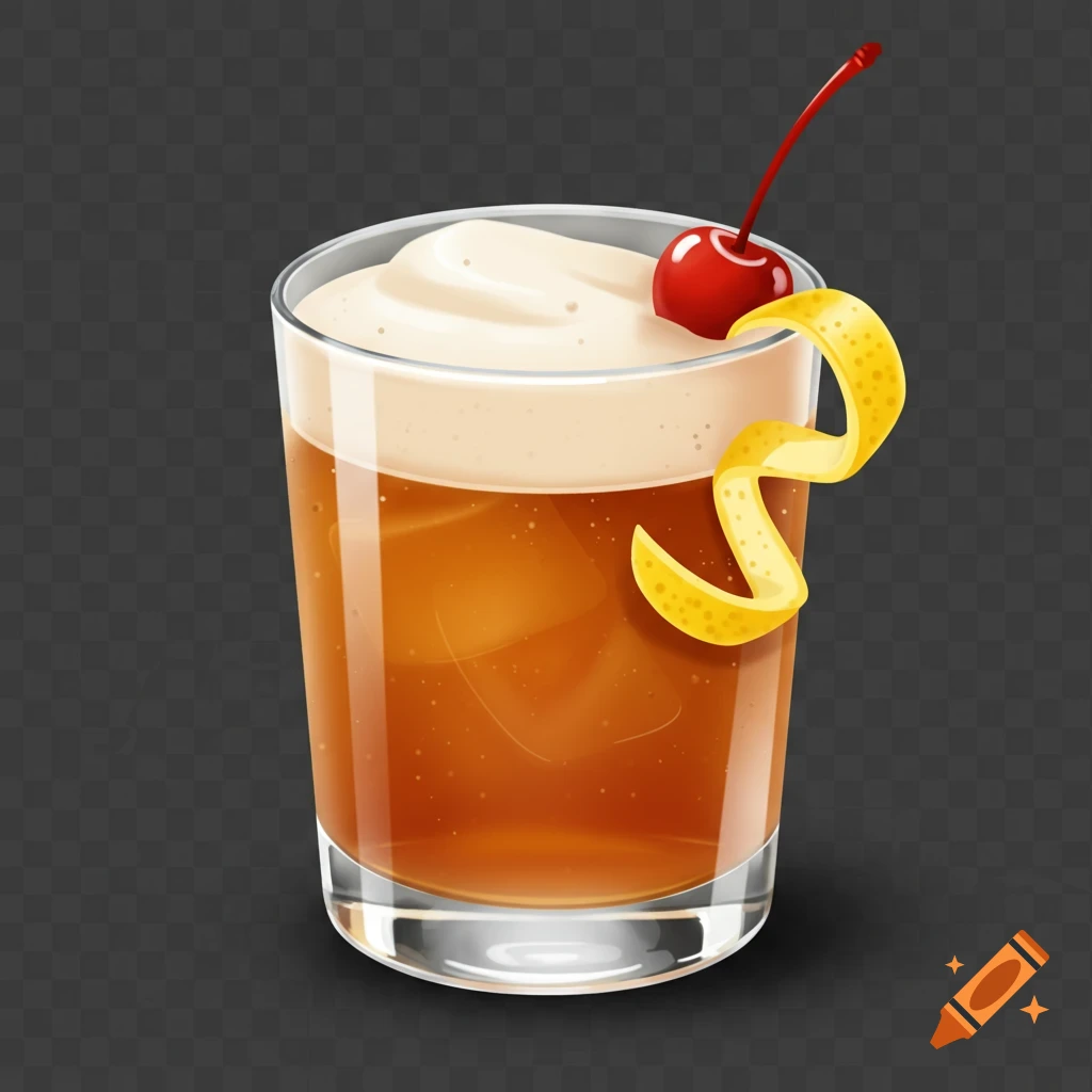 An amaretto sour cocktail icon with white foam, a red cherry, and a yellow citrus peel.