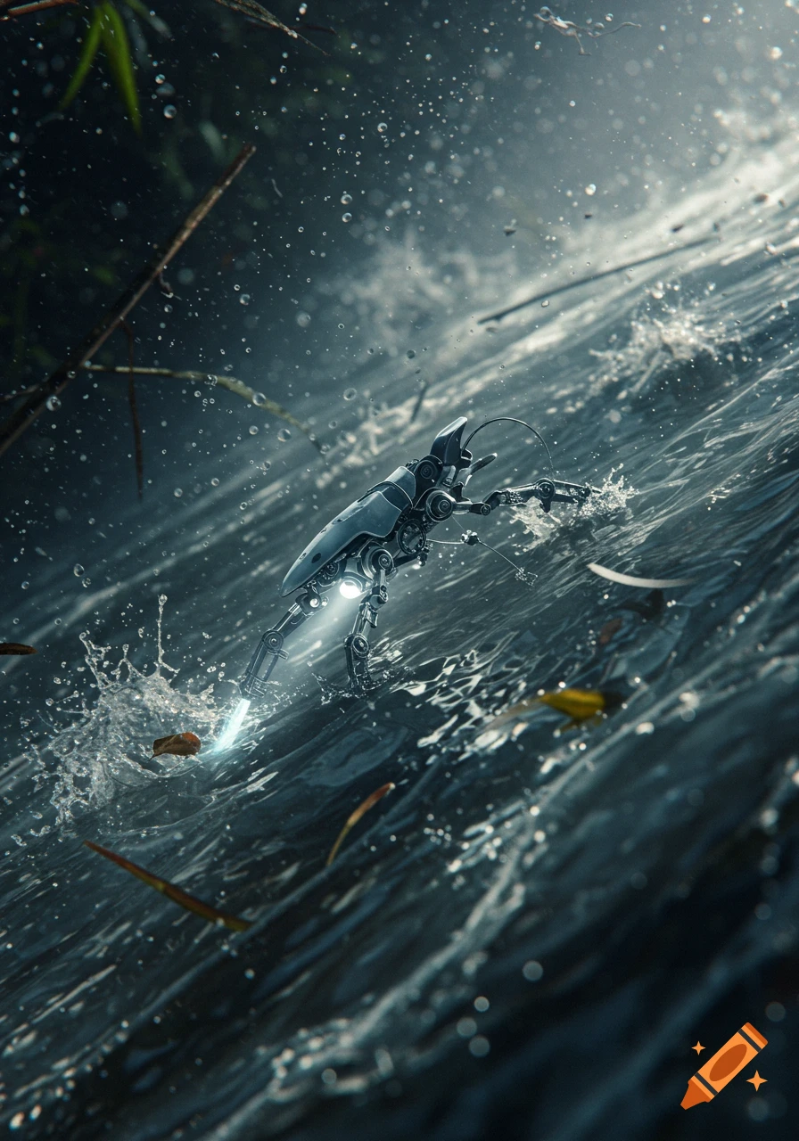 A detailed robotic insect or water strider moves across dark water, creating splashes. Light emanates from its underside, with a background of dark foliage and water droplets.