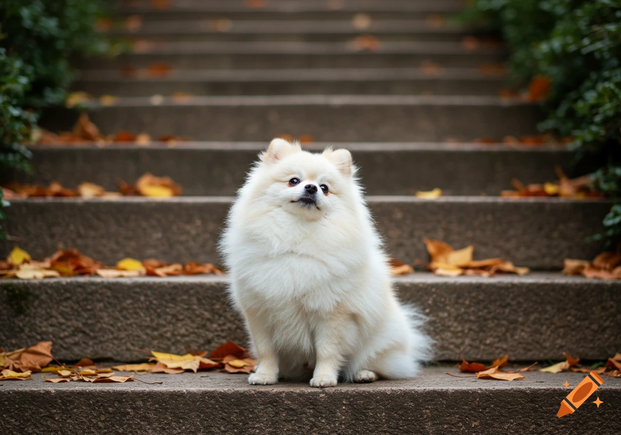 A white fluffy Pomeranian dog sits on stone stairs covered with autumn leaves.