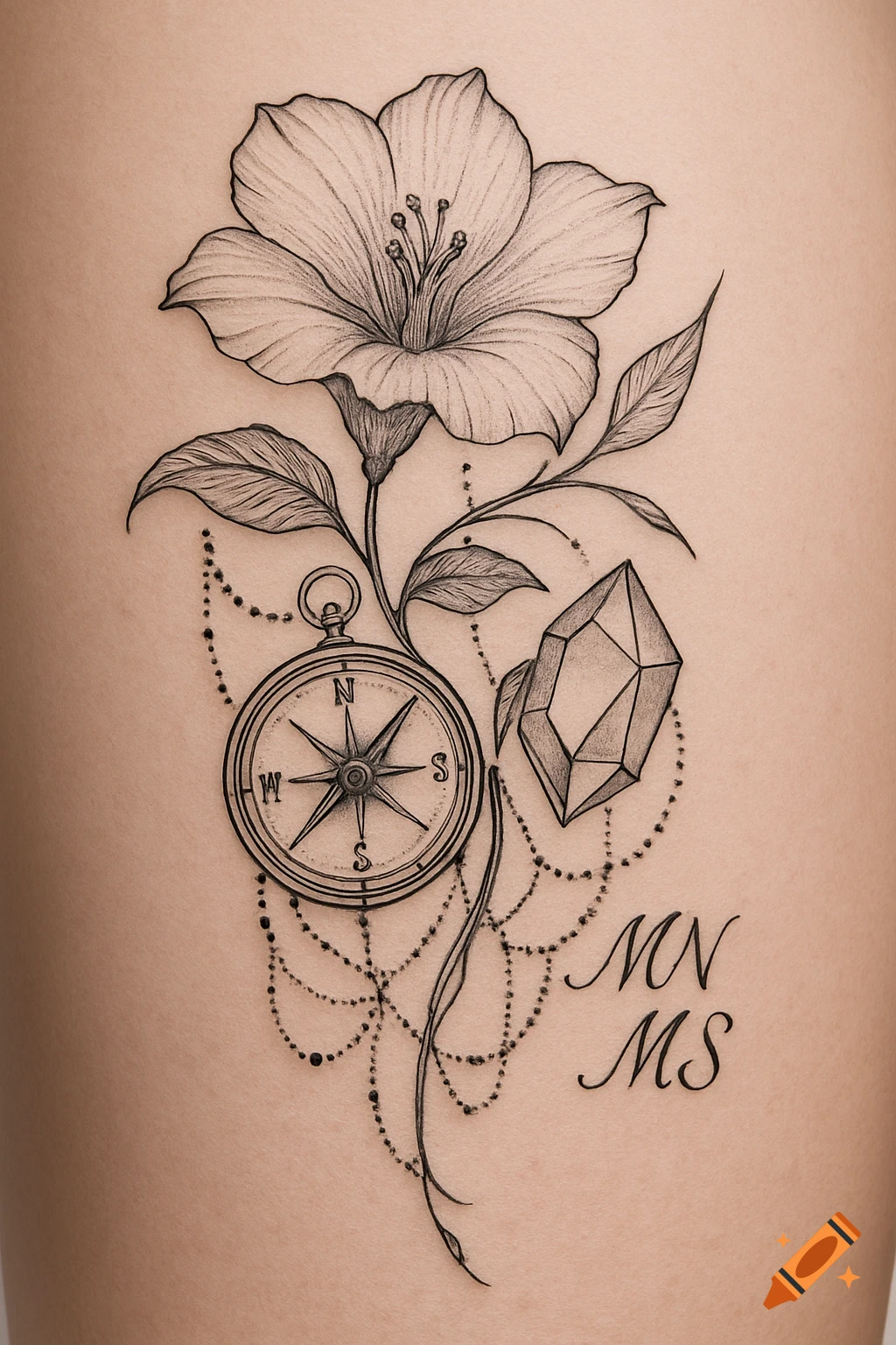 Black line art tattoo design on a thigh, featuring a moonflower, compass, amethyst crystal, beads, and the initials MN and MS.