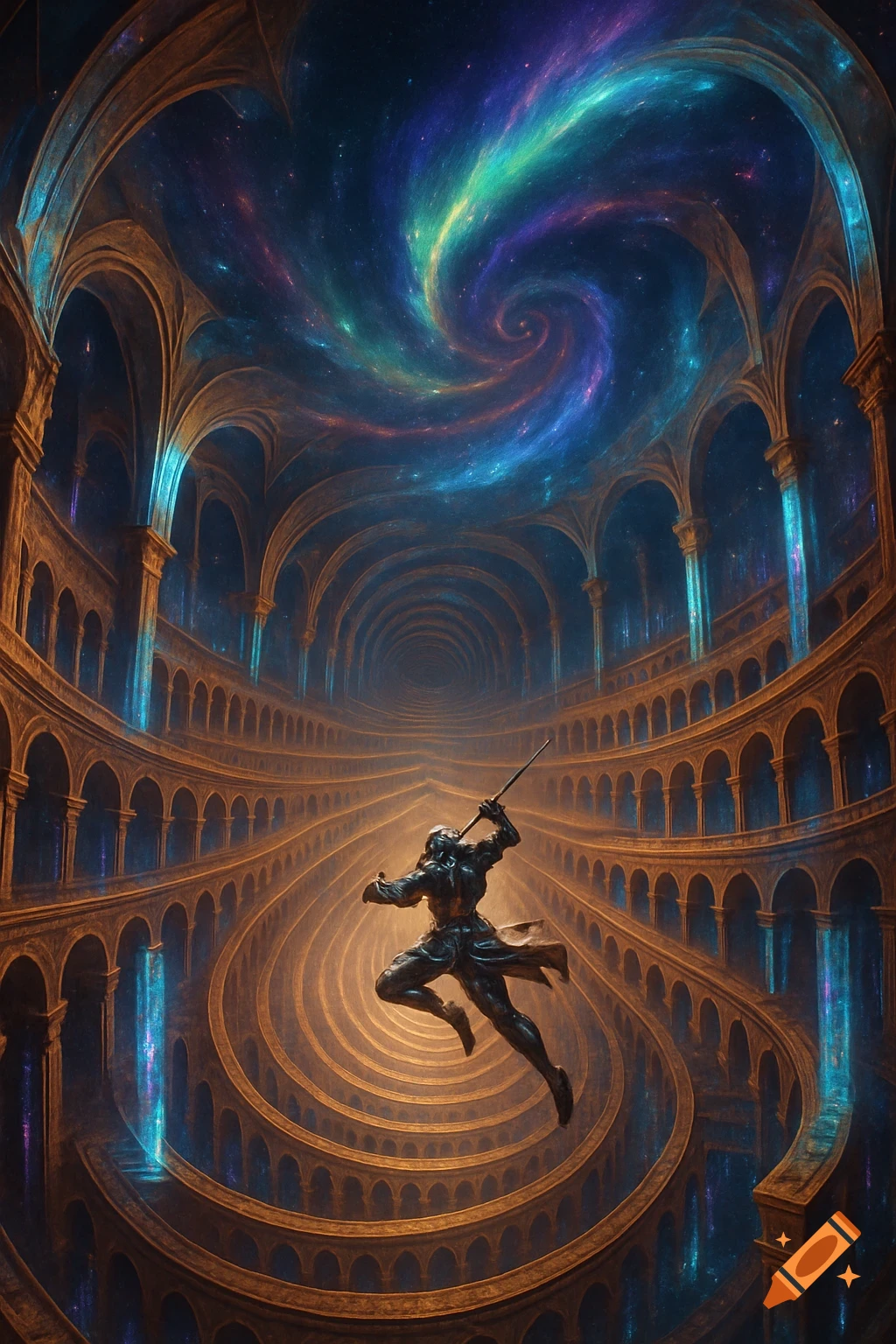 A powerful armored figure leaps in a massive, ornate, spiral-tiered arena under a vibrant swirling galaxy.