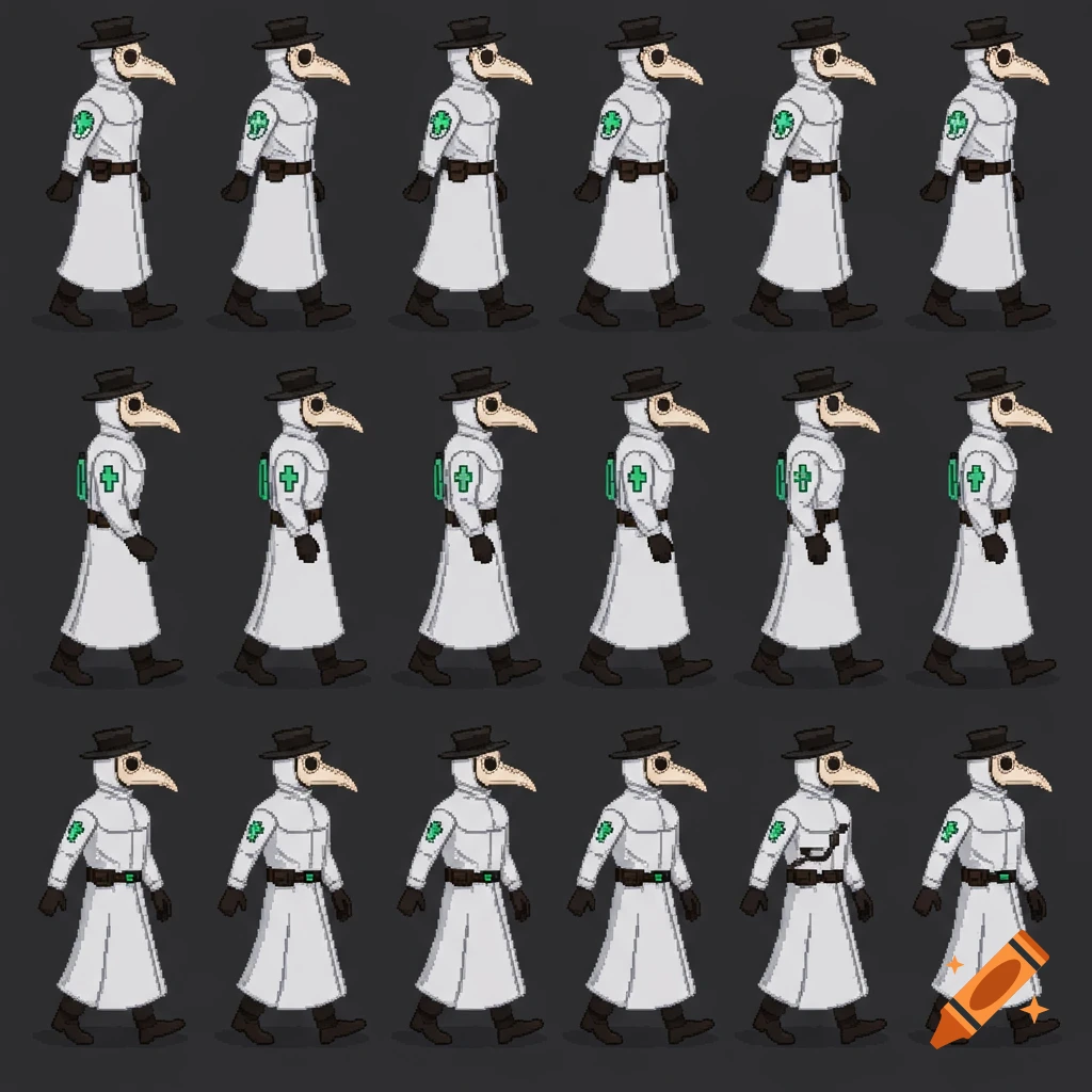 A pixel art sprite sheet showing multiple frames of a plague doctor in a white tactical lab coat with a green medic emblem, walking to the right.