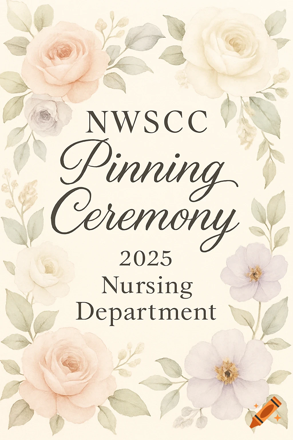 A watercolor-style invitation with a frame of soft pink, cream, and purple roses and green leaves on a light beige background. The text reads "NWSCC Pinning Ceremony 2025 Nursing Department" in black script and serif fonts.