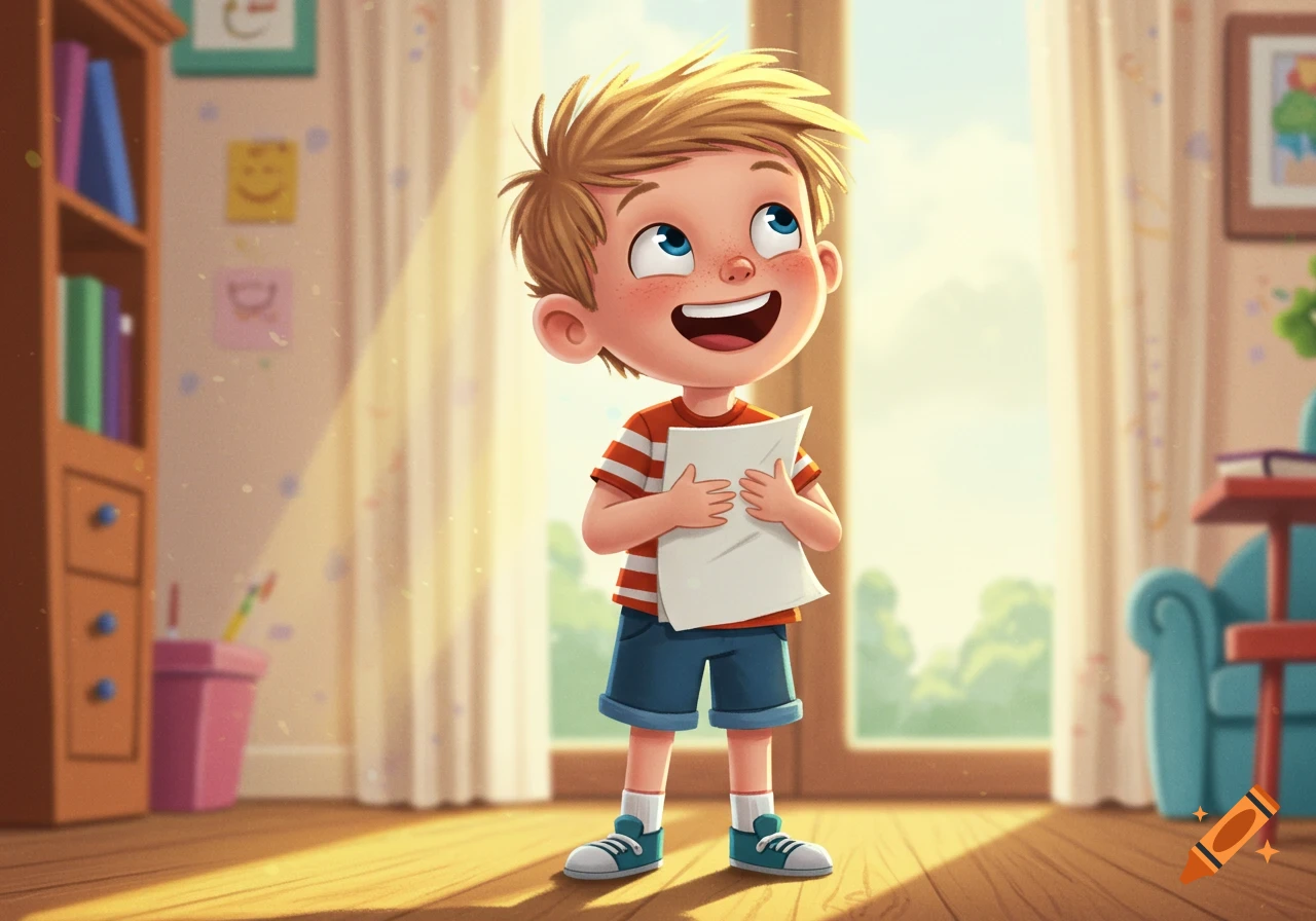 A happy cartoon boy with blond hair and blue eyes, smiling and hugging a piece of paper, stands in a sunlit room.
