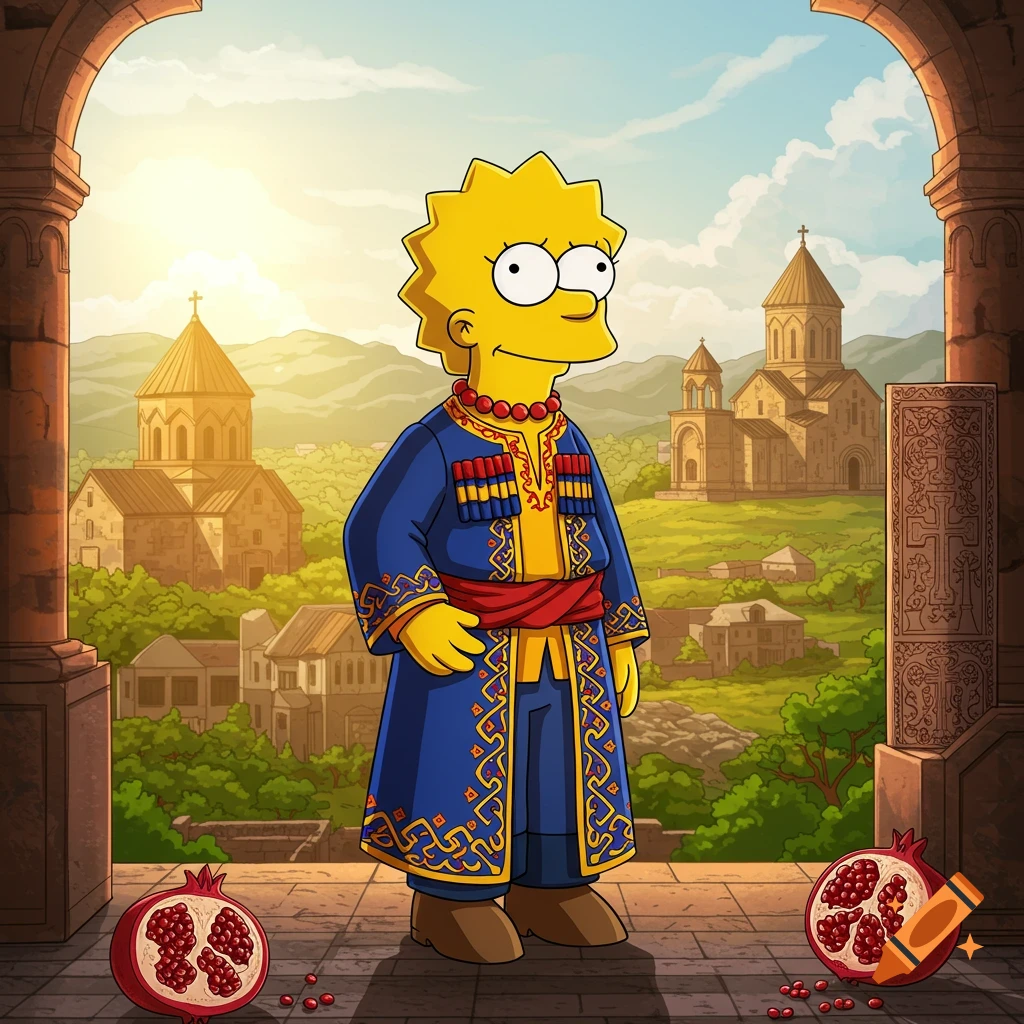 Lisa Simpson wears traditional Armenian clothing on a balcony overlooking churches and mountains, with pomegranates.