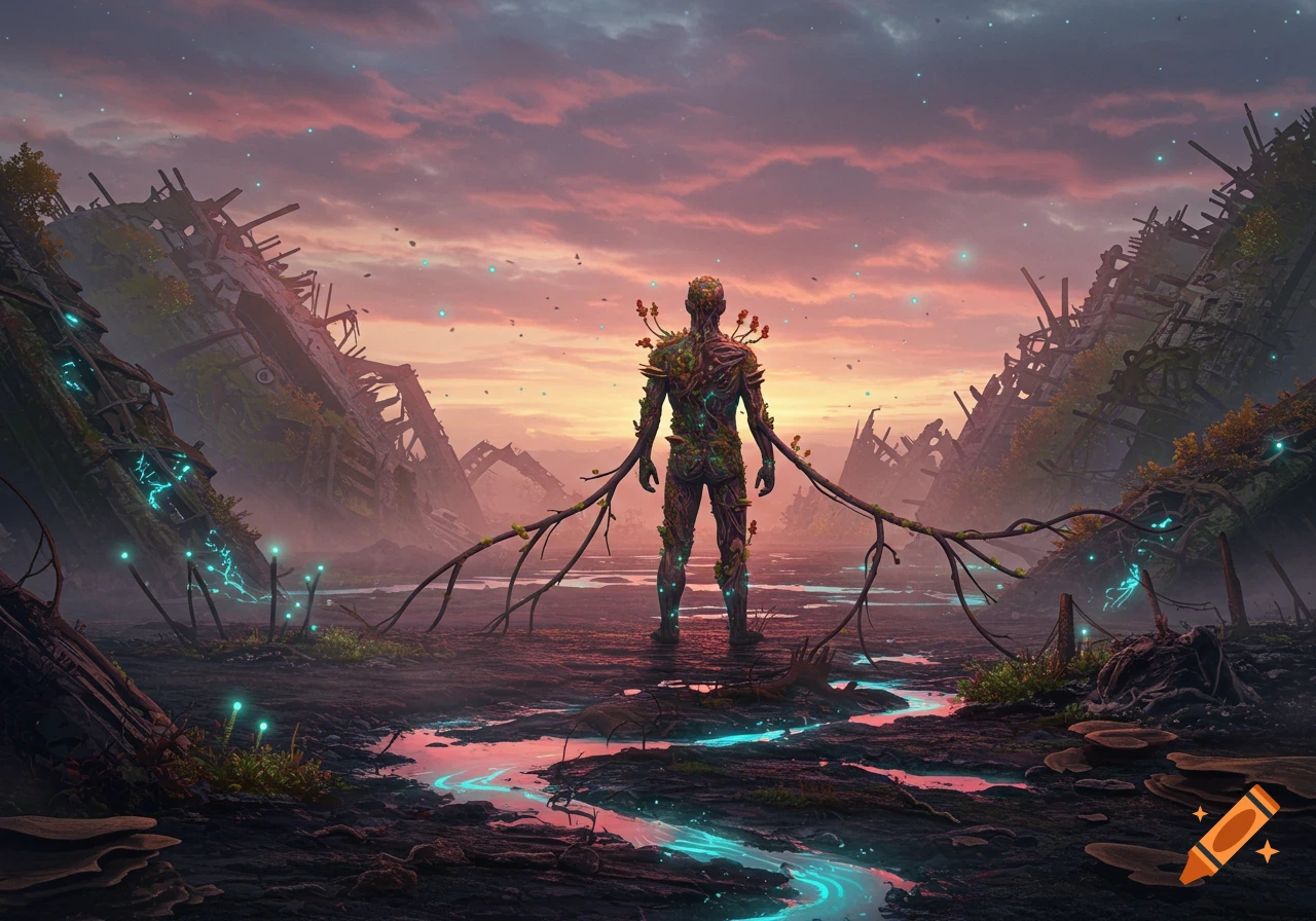 A root-covered humanoid figure stands in a decayed, flooded landscape with glowing blue rivers and broken structures under a dramatic sunset sky.