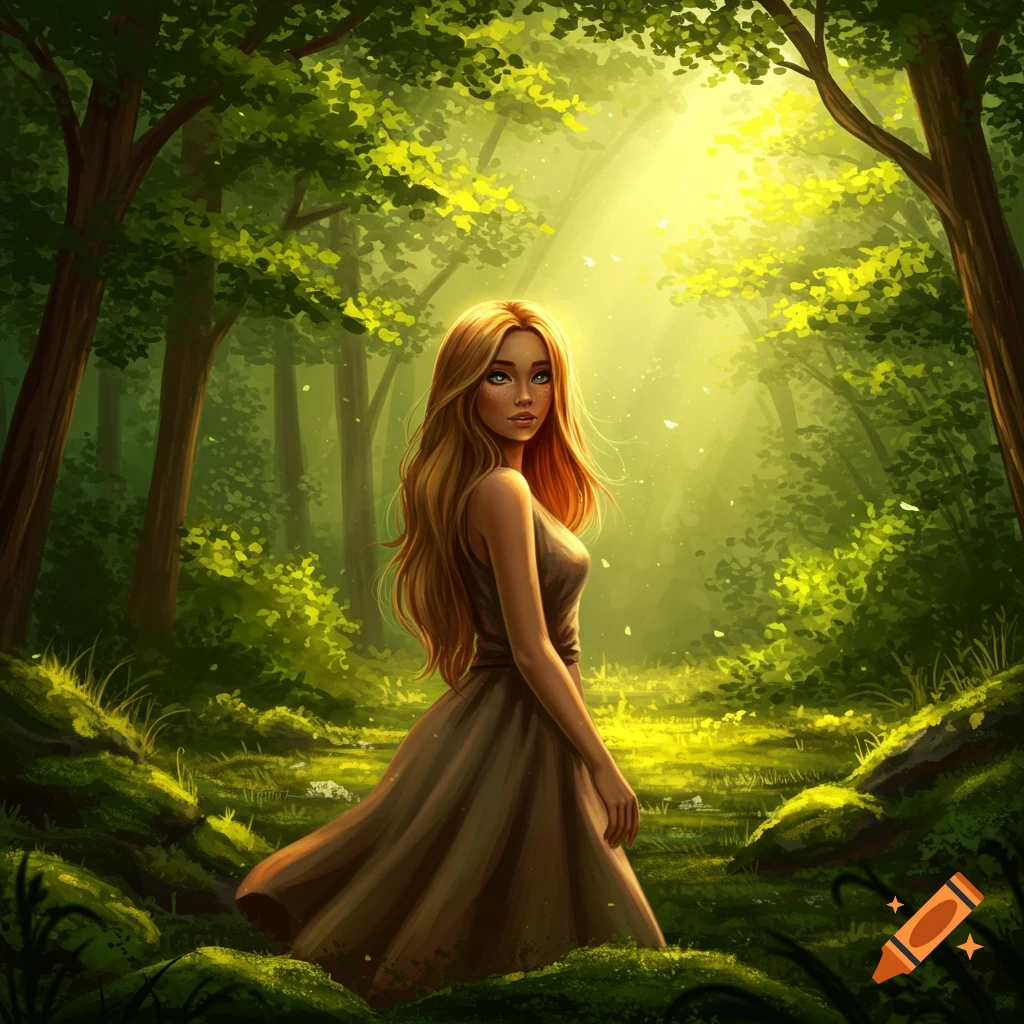 An illustrated young woman with long blonde hair and green eyes stands in a lush, sunlit forest.