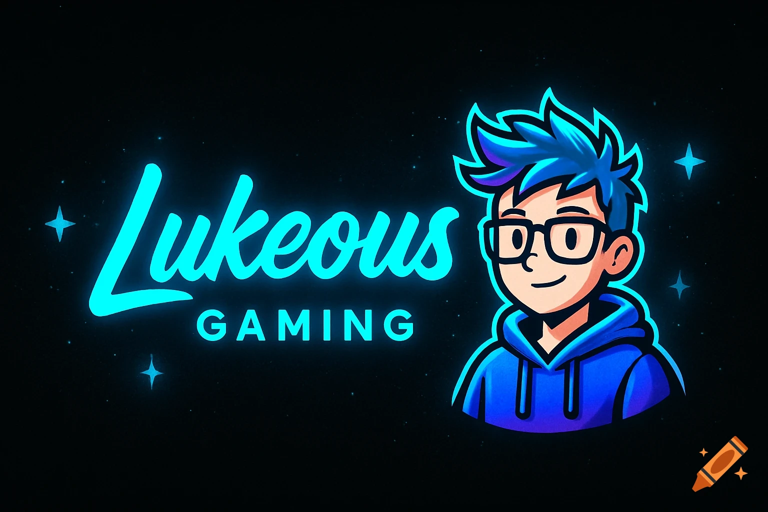 A gaming logo with a cartoon character featuring spiky blue hair, glasses, and a blue hoodie, next to glowing cyan text 'Lukeous GAMING' on a black background.