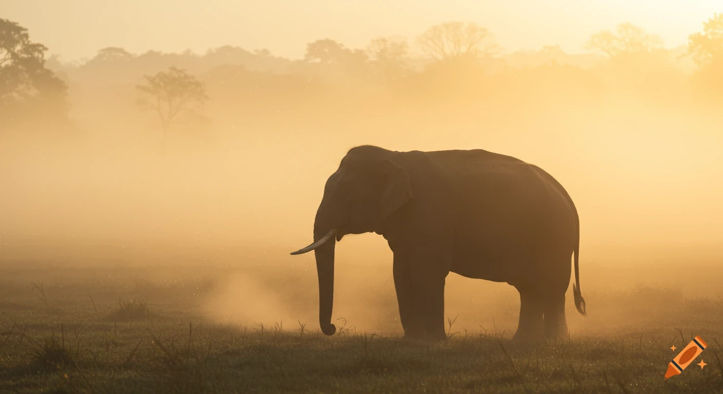An elephant silhouette stands in a misty, golden sunrise clearing with dust motes drifting in the air.