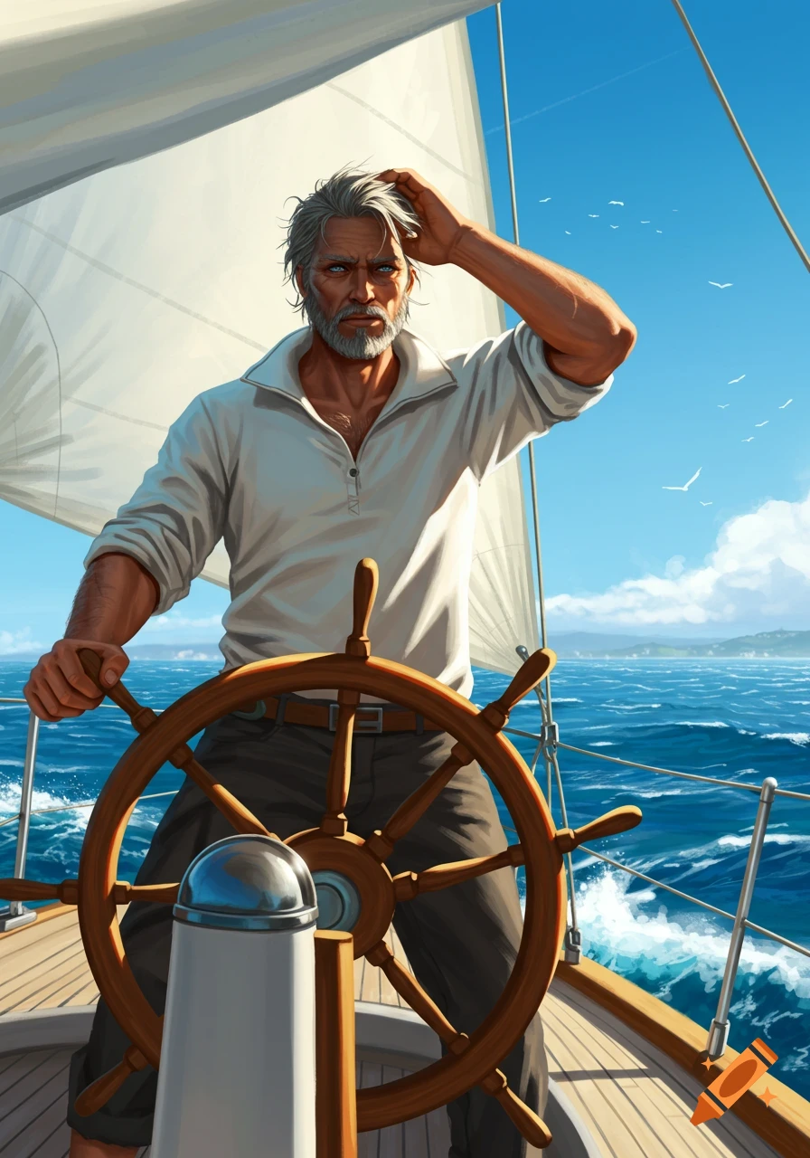 An older man with gray hair and a beard steers a sailboat on a bright, sunny day at sea.