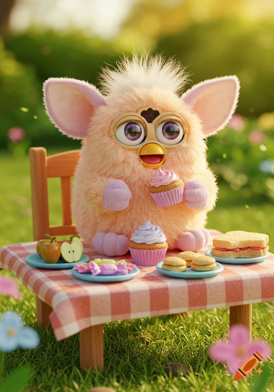 A fluffy, peach-colored Furby toy with large eyes sits at a miniature picnic table, holding a pink cupcake and surrounded by other treats in a sunny, grassy outdoor setting.