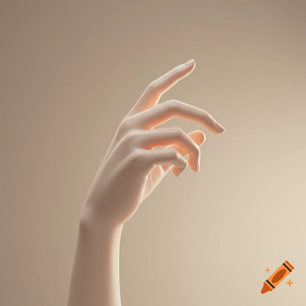 A pale, graceful human hand with fingers slightly curled, against a soft beige background.