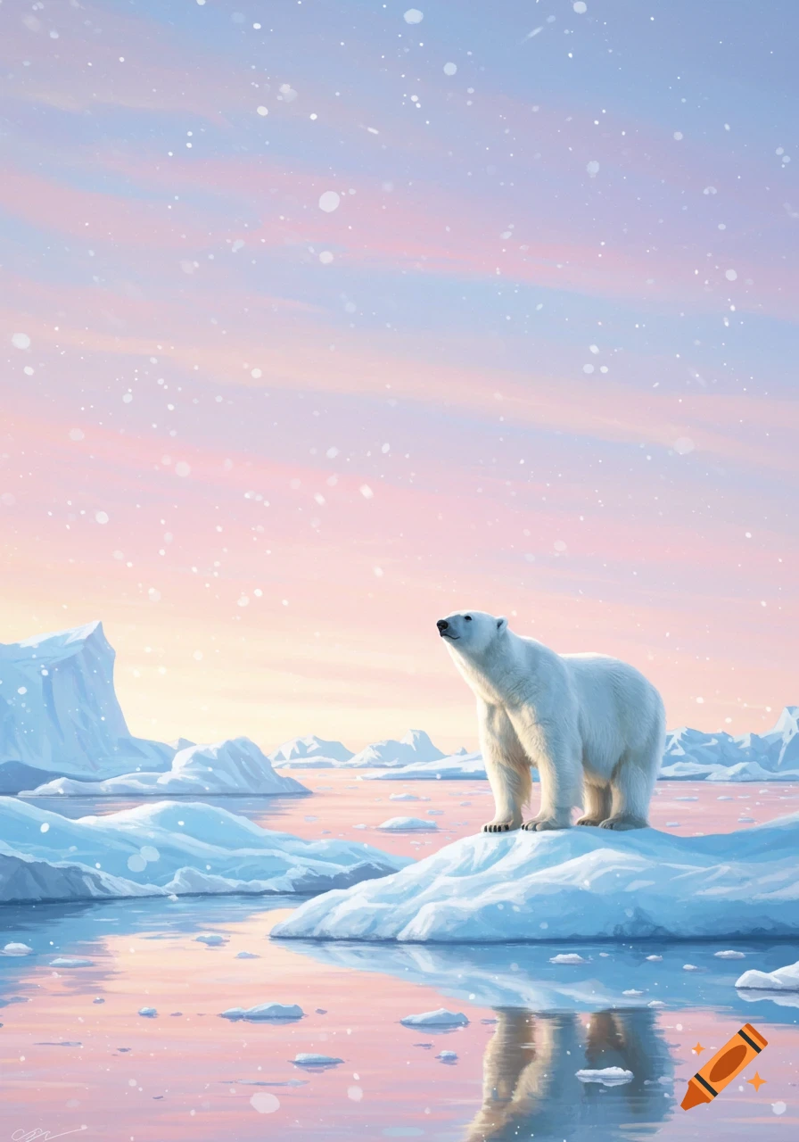 A white polar bear stands on an ice floe in a snowy arctic landscape with a pink and blue sky.