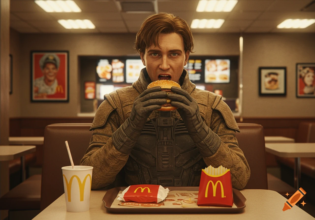 A man resembling Paul Atreides in a stillsuit sits at a table in a McDonald's, taking a bite out of a large burger.