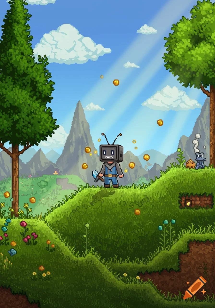 Pixel art character with a TV head and axe on a grassy hill with mountains, trees, and floating coins, in Terraria style.