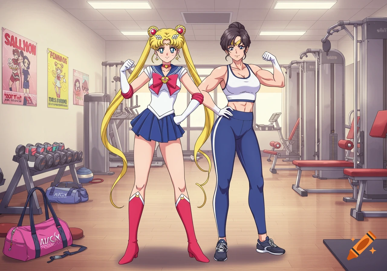Sailor Moon and a muscular woman in workout gear pose in a gym, anime style.