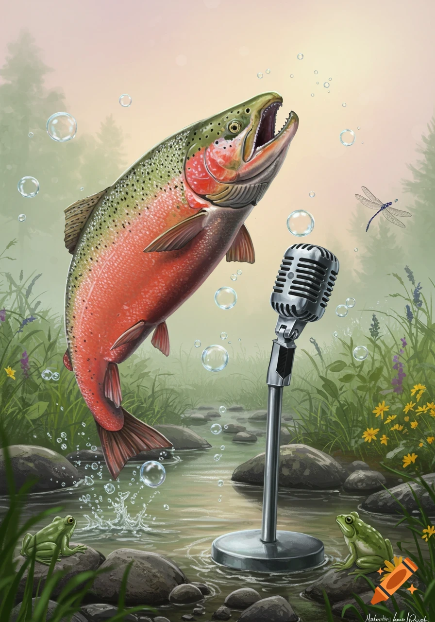 A large, colorful salmon leaps out of a river, singing into a vintage microphone. Two green frogs watch from rocks in the lush, misty forest setting.