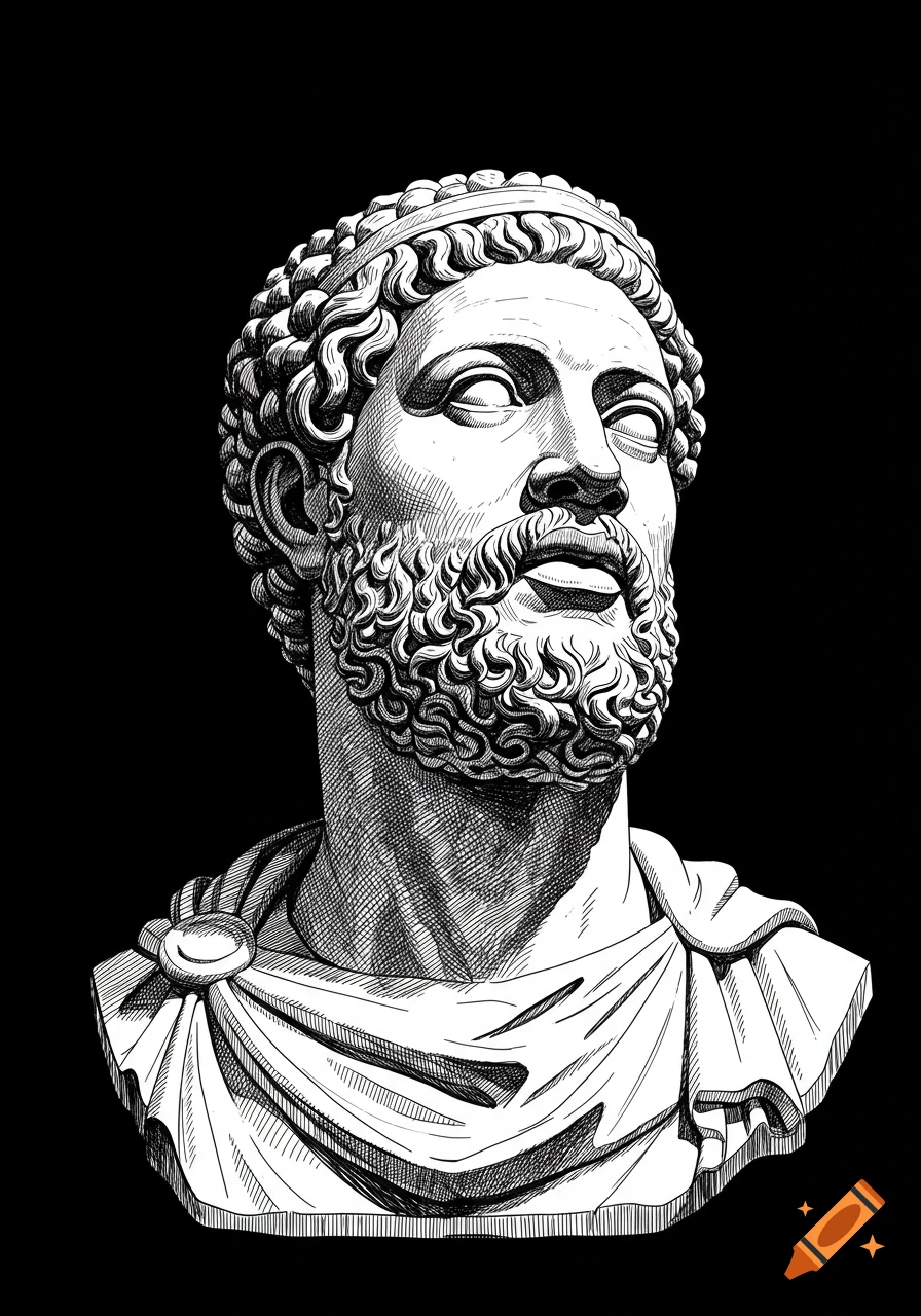 A highly detailed black and white illustration of a classical bust of a bearded man, looking upward with a solemn expression, against a dark background.
