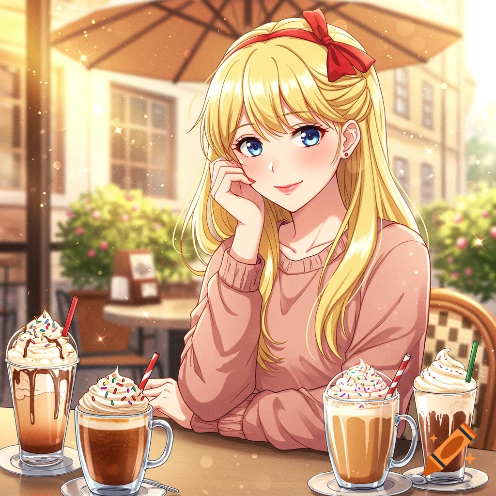 Anime style woman with blonde hair and a red bow, sitting at a cafe table with multiple sugary coffee drinks.
