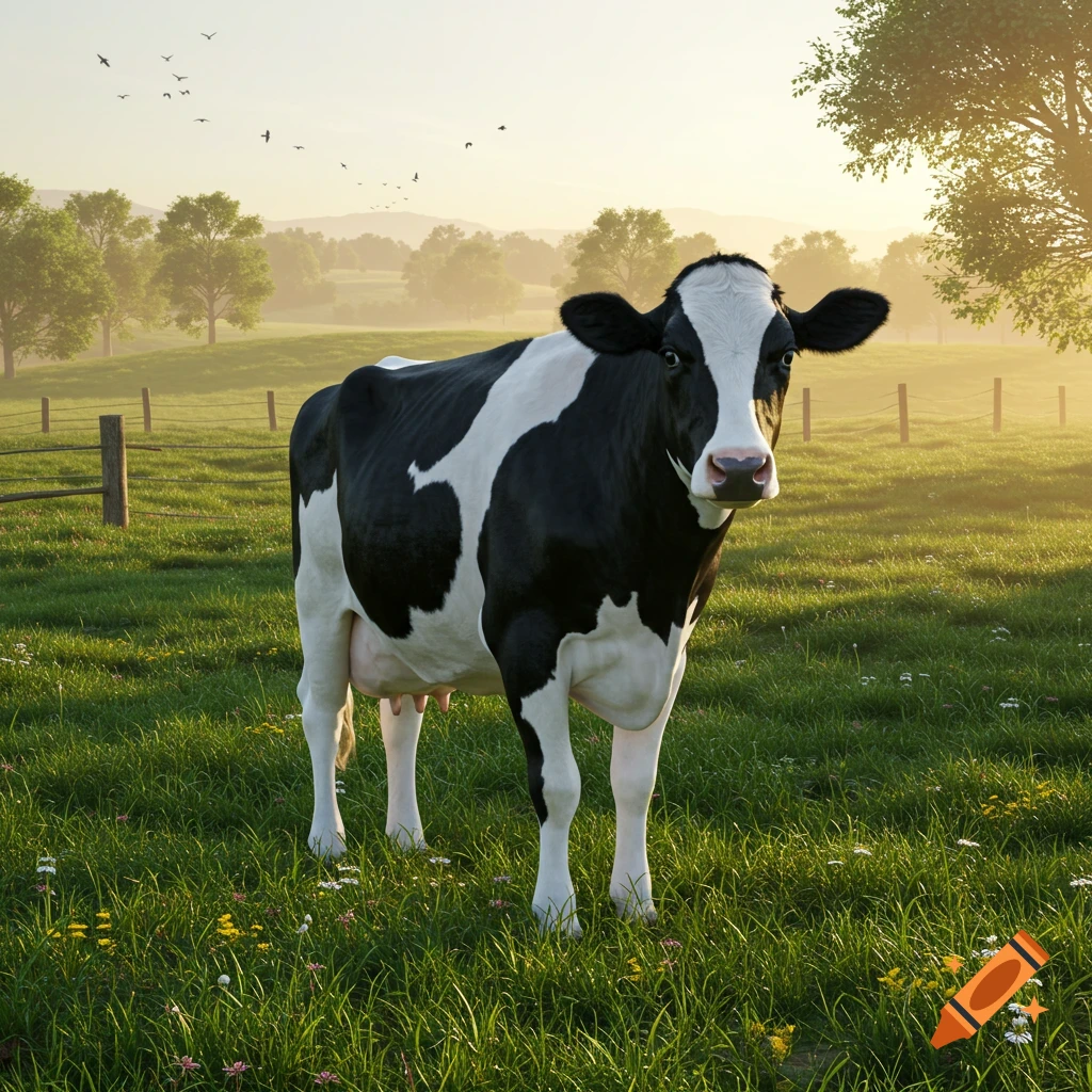 A photorealistic black and white cow stands in a sunlit green field with trees and hills in the background.