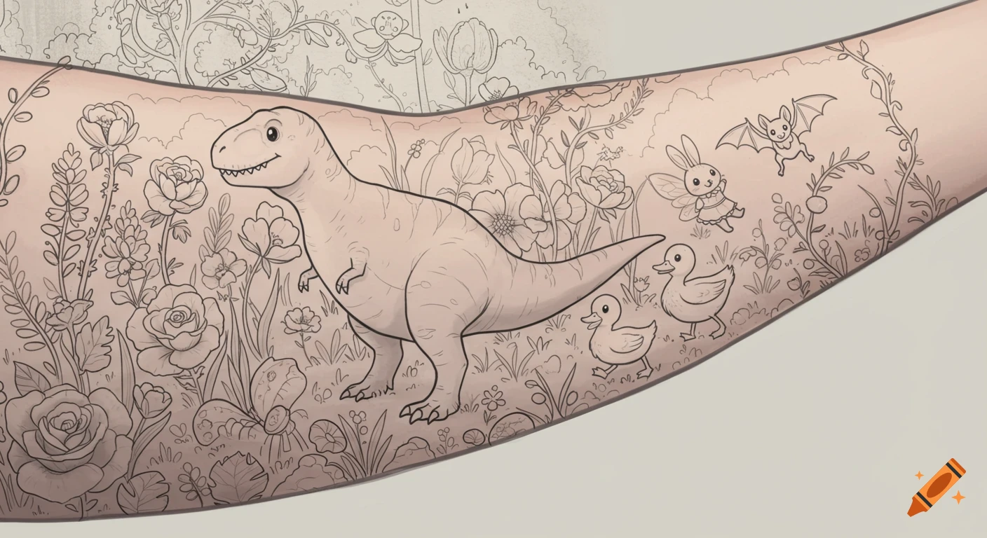 Black and white outline drawing of a whimsical meadow scene tattoo on an arm, featuring a T-Rex, bunny, bat, and ducks among flowers.